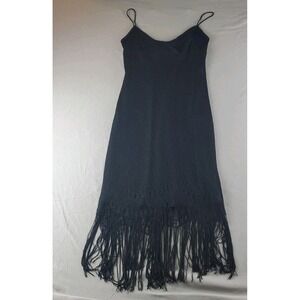 Vintage Double Fault Midi Dress M Black Lace Flapper Strap Fringe Open Knit Usa